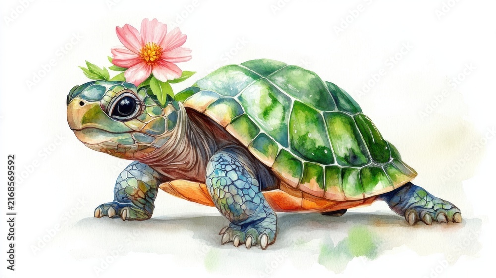 Fototapeta premium watercolor cartoon turtle with a tiny flower on its head, white background
