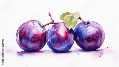 watercolor plum fruit in deep purple, white background