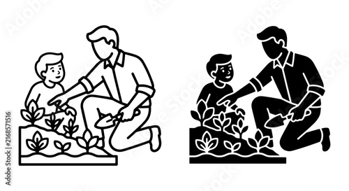 Gardening Duo, Father and Son Planting Together, Outdoor Activity, Vector Icons