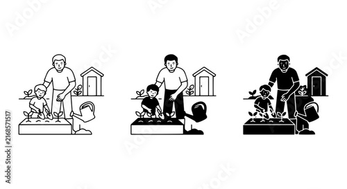 Family Gardening Icons, Parent and Child Planting Seeds, Outdoor Activity Vector Set