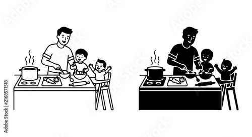 Father Cooking with Children, Family Meal Preparation, Domestic Scene, Vector Illustration