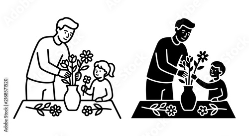 Father and Child Arranging Flowers, Family Bonding, Simple Line Art Vector Icons