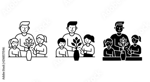 Family Planting Together, Three Icon Styles: Line Art, Filled Outline, Silhouette