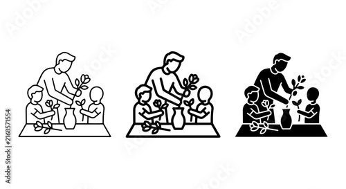 Family Gardening Icons, Father and Children Planting Flowers, Vector Set
