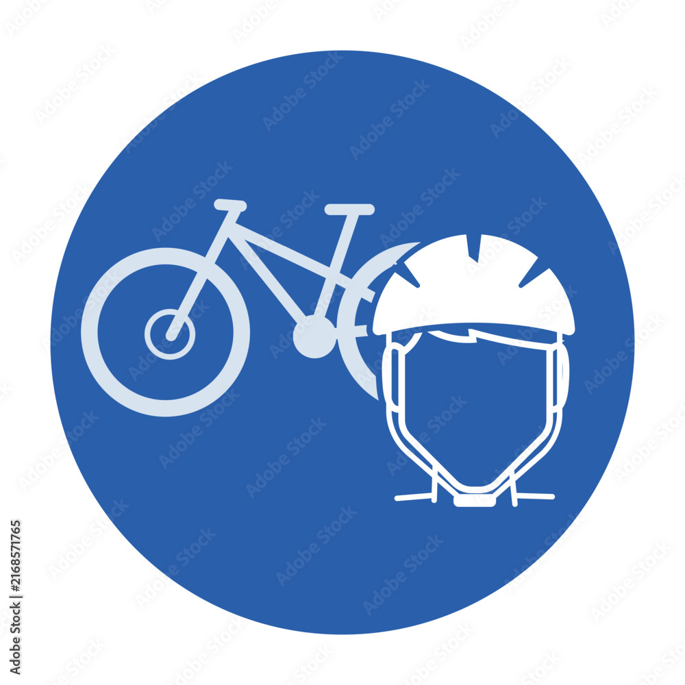 Obraz premium Isolated blue round safety sign featuring protective helmet for cycling biking BMX mandatory equipment requirement compliant with ISO mandatory guideline