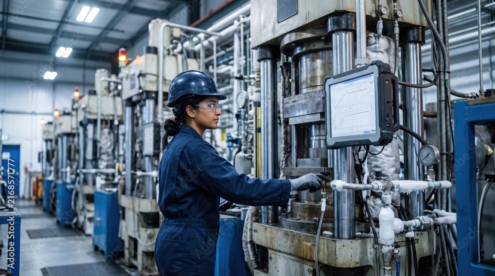 Fototapeta premium Female engineer operating industrial machinery with digital monitor in modern automated factory plant. Concept of factory worker, smart factory.