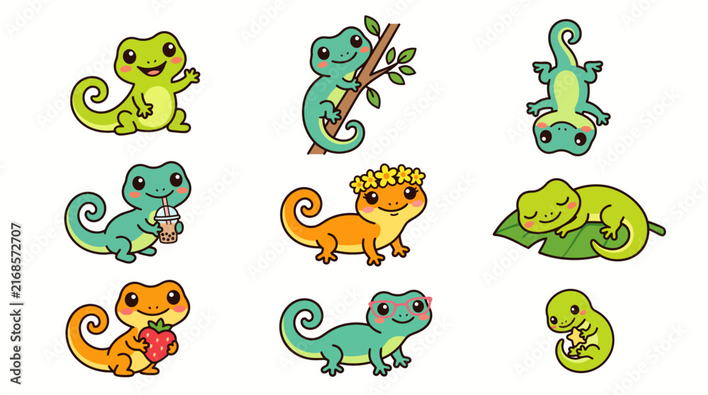 Fototapeta premium Cute Gecko Character Set in Various Poses Vector Illustration