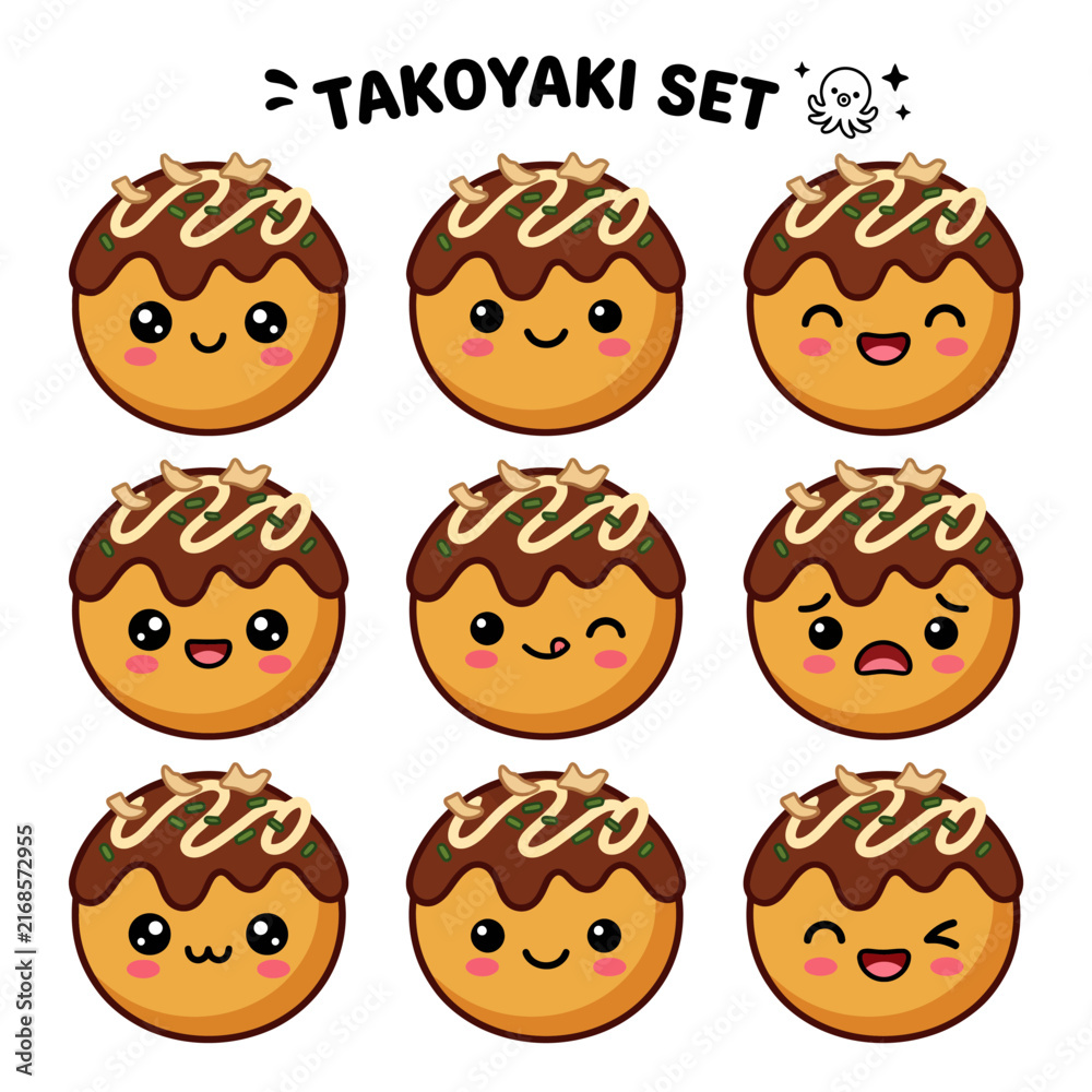 Obraz premium Cute Kawaii Takoyaki Cartoon Character Vector Illustration Set Various Facial Expressions