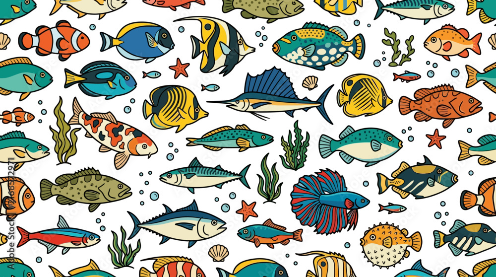 Obraz premium colorful fish pattern featuring diverse marine life ocean animals and a vibrant underwater world vector illustration.