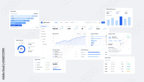 CRM enterprise platform dashboard interface template with marketing performance charts. Corporate business summary layout with revenue trends, sales pipeline funnel, team analytics and customer profil