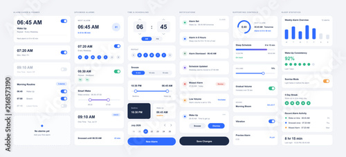 Smart alarm clock and time scheduling dashboard layout. Mobile application settings template with wake up routine timers, sleep schedule trackers and weekly notification statistics. Vector pack.