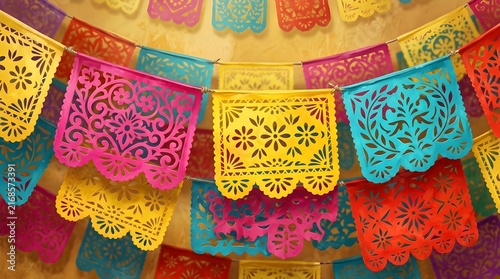 Beautiful vibrant and colorful papel picado banners are displayed as a festive decoration for a traditional mexican celebration and joyous occasion