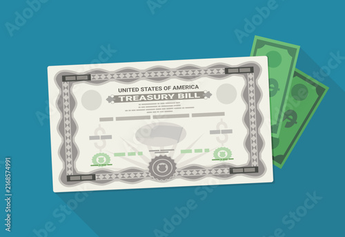 US Treasury Bill security certificate with dollar bills representing fixed income yield, government bond investment, debt assets, and monetary savings