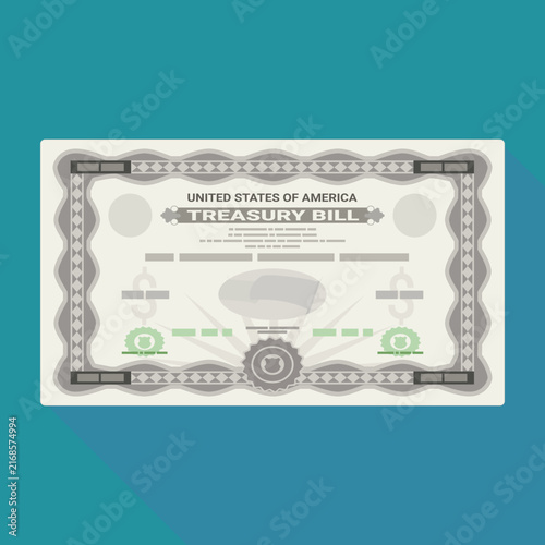 US Treasury Bill financial security certificate on background representing government debt, fixed income investment, monetary policy, and sovereign bond assets