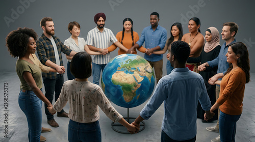 Diverse Group of People Holding Hands in a Circle Around a Global Earth Globe Promoting Unity and World Peace