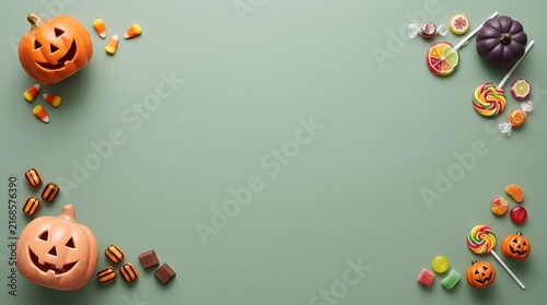 Halloween decorations frame with pumpkins leaves and autumn festive elements
