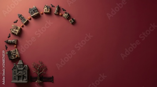 Assortment of colorful vintage kitchen tools arranged in a semi circle on red