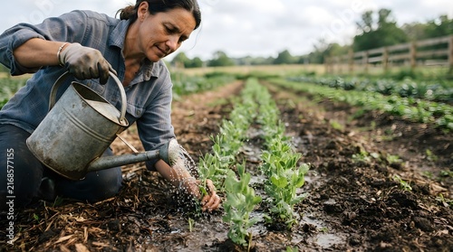 Farmer Watering Young Plant Sprouts in Agricultural Field. Pansy Seedlings Growing in Garden Soil, Sustainable Farming, Agriculture, Plant Growth and New Life Concept