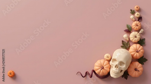 Halloween background with a human skull and decorative pumpkins arranged in the corner on pink surface
