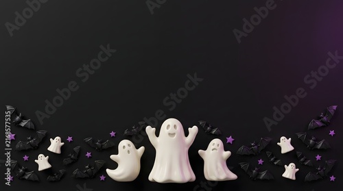 Small white ghost figurines arranged on a dark background for a spooky halloween celebration theme