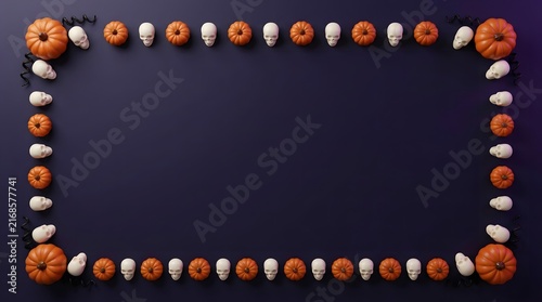 Halloween border frame made of small orange pumpkins and white skulls on a dark background