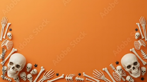 Halloween background with human skulls and bones arranged as a frame on orange surface