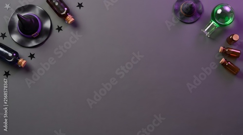 Top view of a dark grey surface decorated with wine glasses and scattered coffee beans
