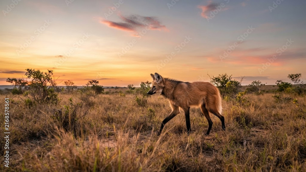 Fototapeta premium Maned wolf walking through Brazilian Cerrado at sunset