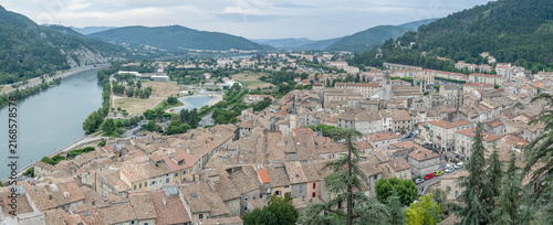 Durance river valley south of Sisteron and historical village roofs aerial, France