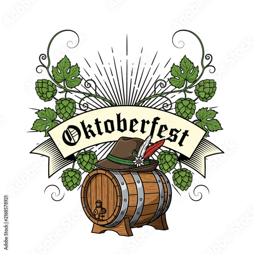 Oktoberfest barrels, hops, and traditional hat with feathers illustration