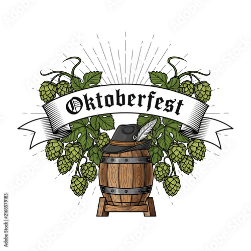 Oktoberfest Beer Barrel and Hops Emblem with Traditional Hat