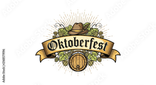 Oktoberfest Beer Barrel Hat Hops Banner Vintage Illustration