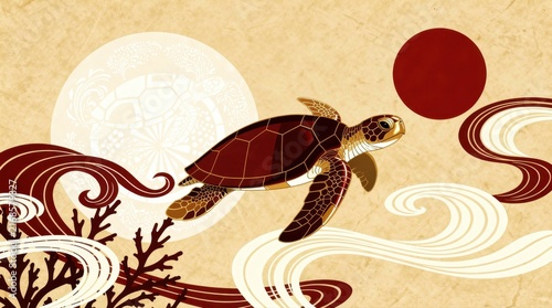 Sea turtle swimming through stylized ocean waves. Japanese art aesthetic with red sun and coral on parchment background. Marine life concept ideal for cultural branding and nature themes.