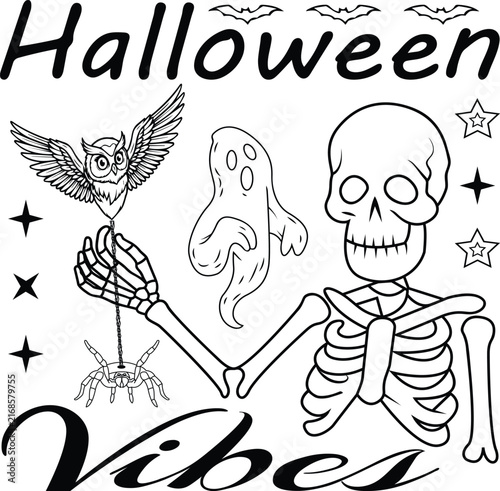 Halloween vibes illustration with skeleton and owl