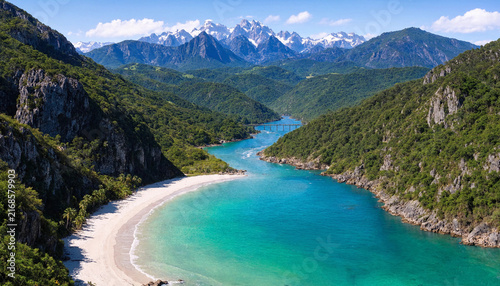 White Sand Beach in a Mountain River Valley