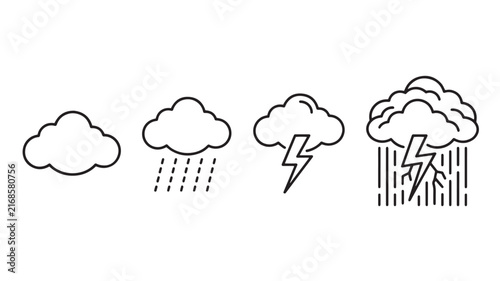Weather icons display a progression from a simple cloud to a dramatic storm with heavy rain and sharp lightning bolts.