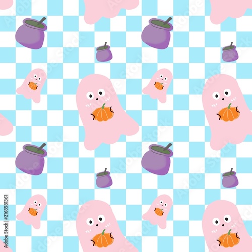 Halloween Seamless Pattern with Cute Ghosts and Pumpkins, Pink Ghost and Witch Cauldron on Blue Checkerboard Background