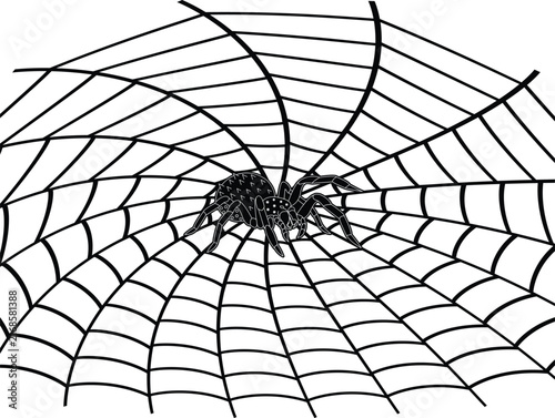 Black spider sitting in the center of a circular web