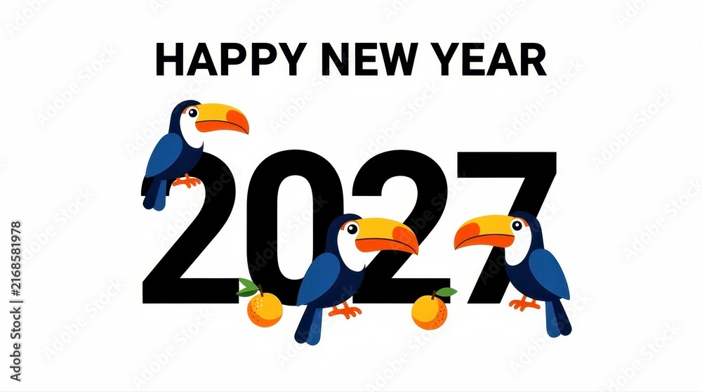 Naklejka premium Happy New Year 2027 greeting with cute toucans and oranges. Tropical bird illustration with bold black numbers on white. Festive holiday concept for calendars and party invitations.