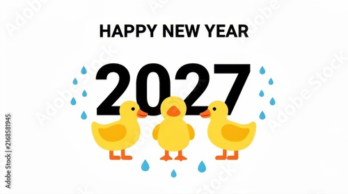 Happy New Year 2027 with cute ducks and raindrops. Minimalist vector illustration on white. Festive greeting card and calendar concept.