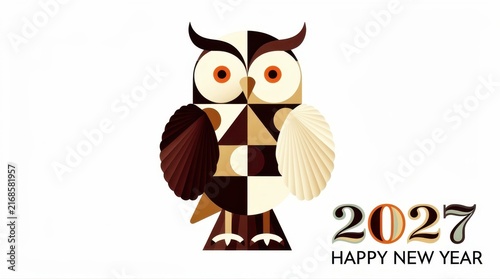 Geometric owl illustration for 2027 Happy New Year. Stylized bird character in earth tones with modern graphic design. Festive greeting card concept for holiday marketing and promotions.