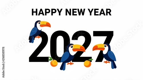 Happy New Year 2027 greeting with cute toucans and oranges. Tropical bird illustration with bold black numbers on white. Festive holiday concept for calendars and party invitations.