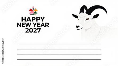 Goat illustration with Happy New Year 2027 text and writing lines. Minimalist vector design featuring a white goat head on clean background. Zodiac theme ideal for holiday cards and stationery.