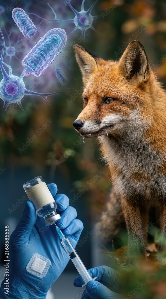 Naklejka premium Epidemiological outbreak control: wild animal, rabies virus, nerve cell, rhabdovirus danger, vaccine vial, protect public, health hazard, prevent spread, medical treatment.