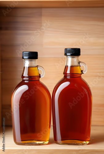 Maple syrup bottles natural sweetener and breakfast food organic and healthy eating sweet dessert ingredient on wood background
