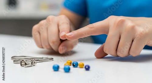 Close-up of medical professional's hands carefully arranging small colored beads during a procedure.