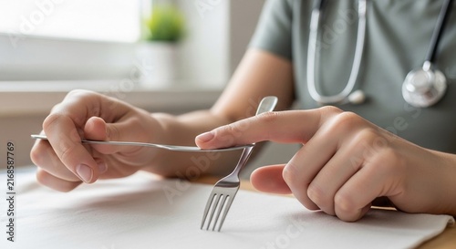 Close-up of person's hands gently holding a fork over a table during a meal