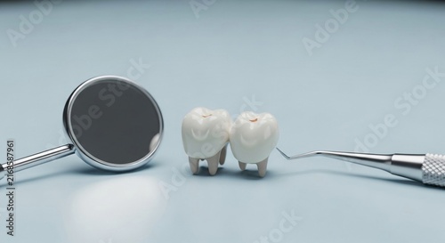 Dental care examination with mirror and tools on a light blue background