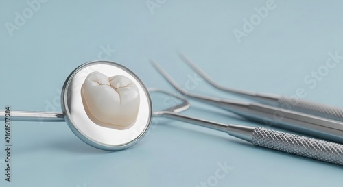 Dental Crown Reflected in Mirror Alongside Professional Examination Tools