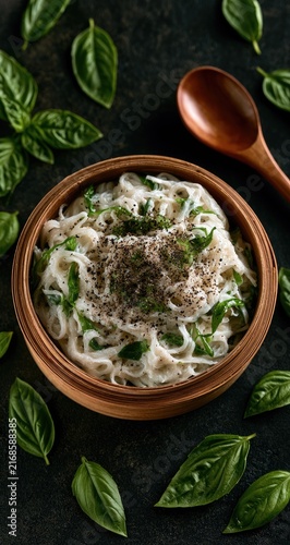 Flavorful bowl of rice noodles with fresh herbs and spice